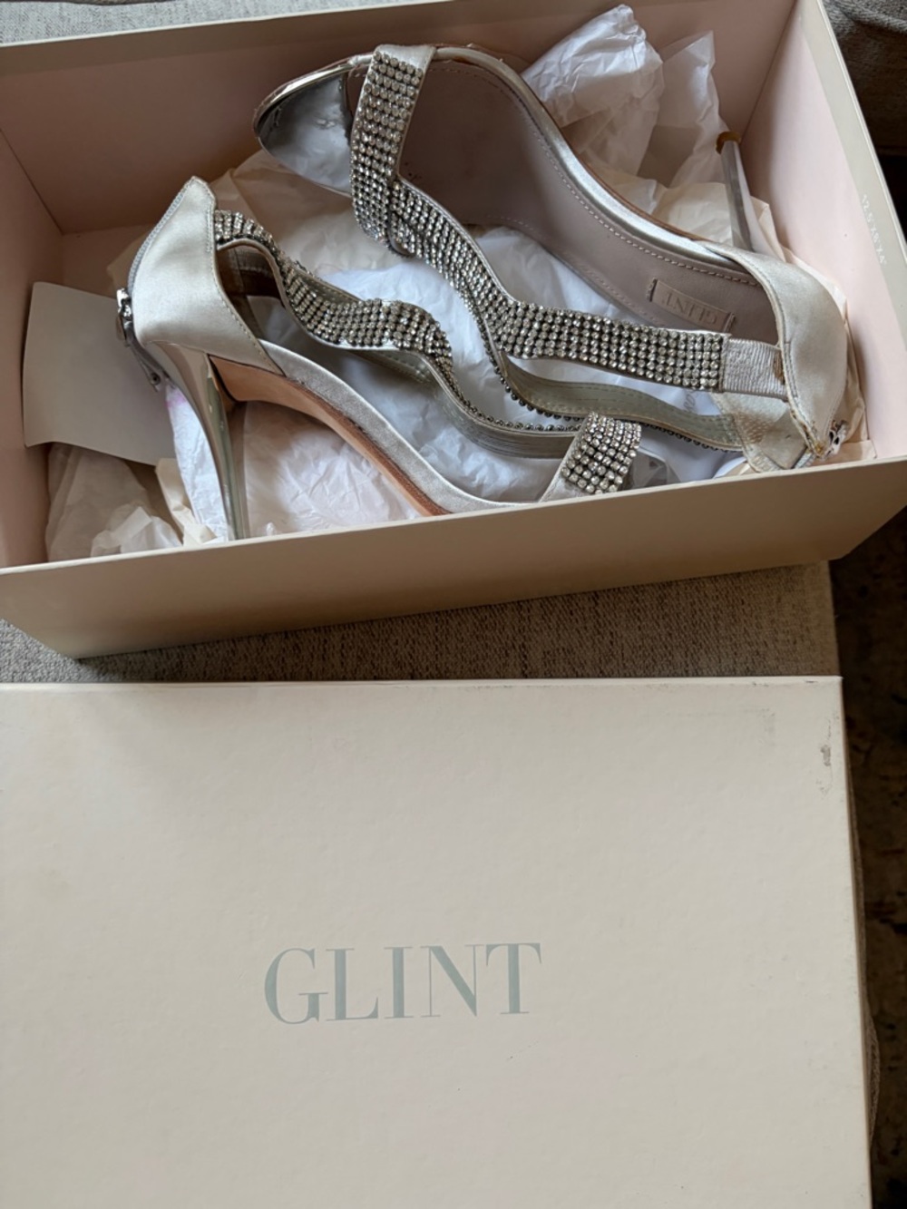 Glint Silver Satin Crystal-Strap Stiletto Heels